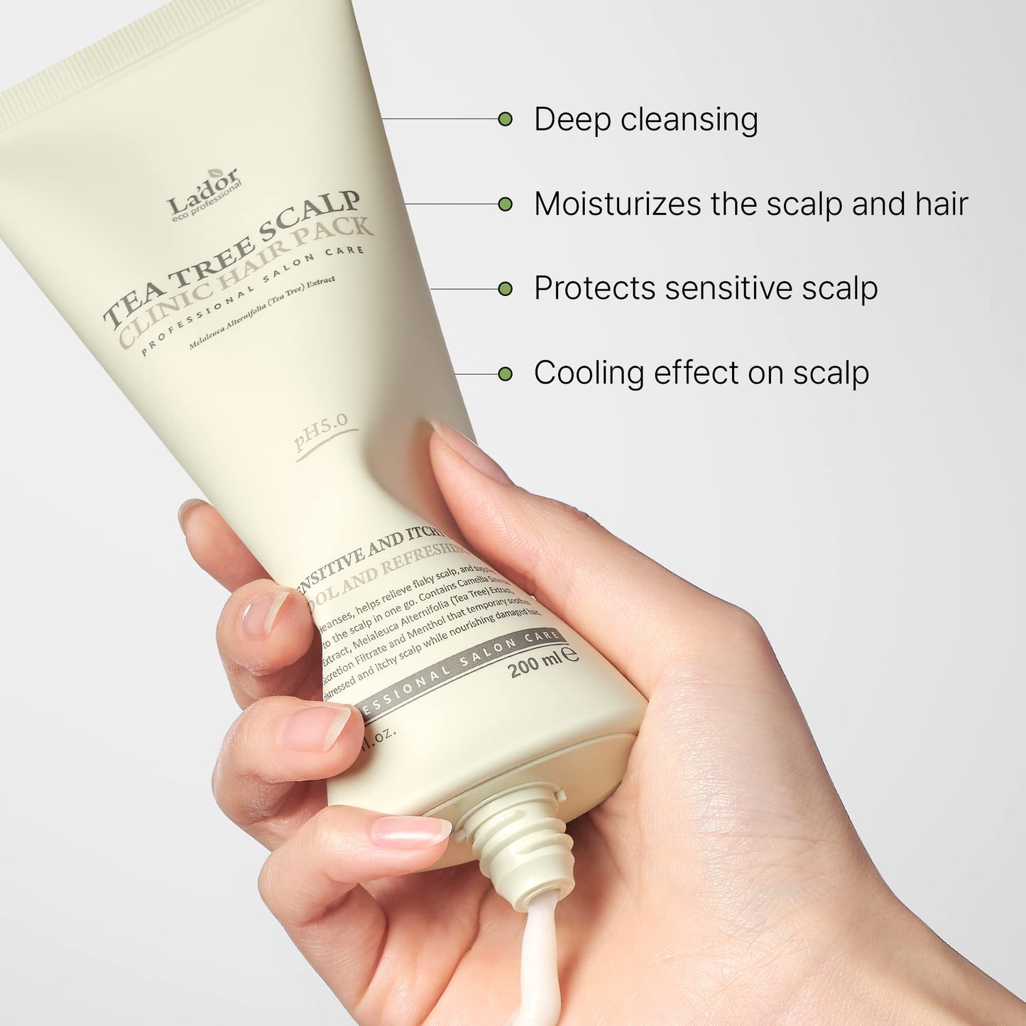 LA'DOR Tea Tree Scalp Clinic Hair Pack 200 ml – kylande uppfriskande hårbottenhår tea tree snigelslime grönt te extrakt hårbottenbehandling lindrar torr hårbotten böjer mjäll