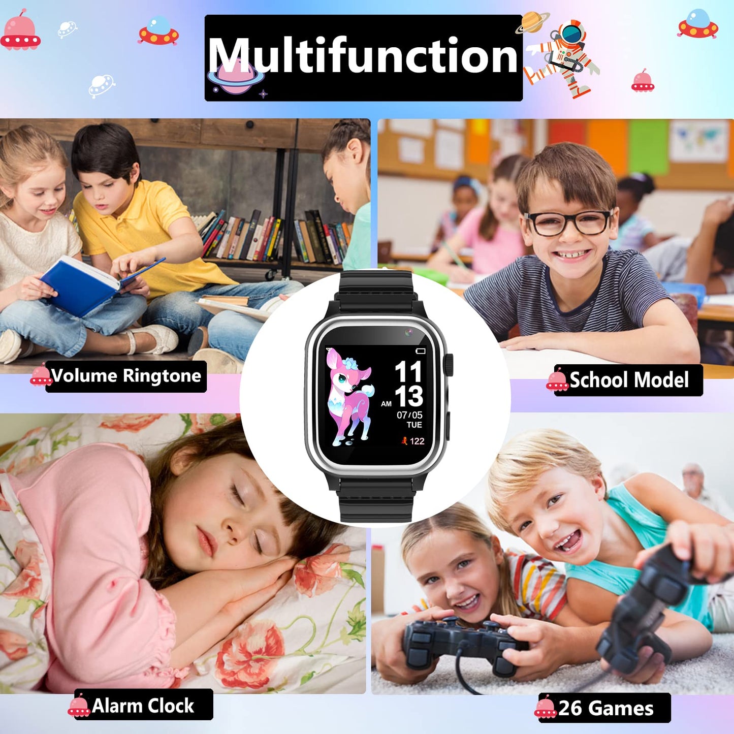 Kids Smartwatch - Volymjustering av Smartwatch för barn, 26 spel, stegräknare, musik, kamera, väckarklocka, ficklampa, presenter för barnklockor för pojkar och flickor 4-12 år (Black)