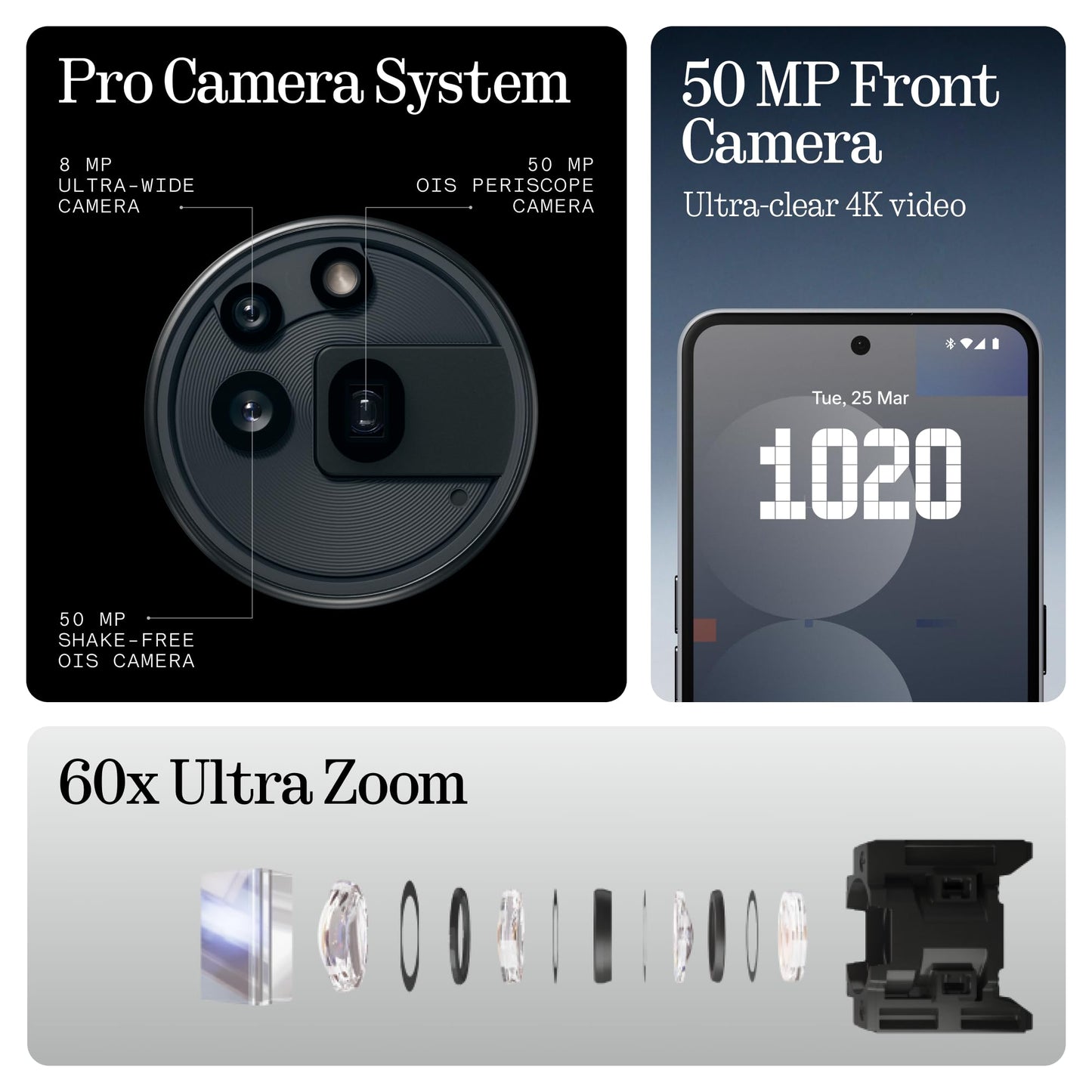 Nothing Telefon (3a) Pro 256 GB - Handy med 50 MP Periskop-Kamera, 50 MP Hauptkamera, 60-facher ultra zoom, essential space, 12 GB RAM, Langer Akkulaufzeit och 6,77" FHD+ AMOLED-display - svart