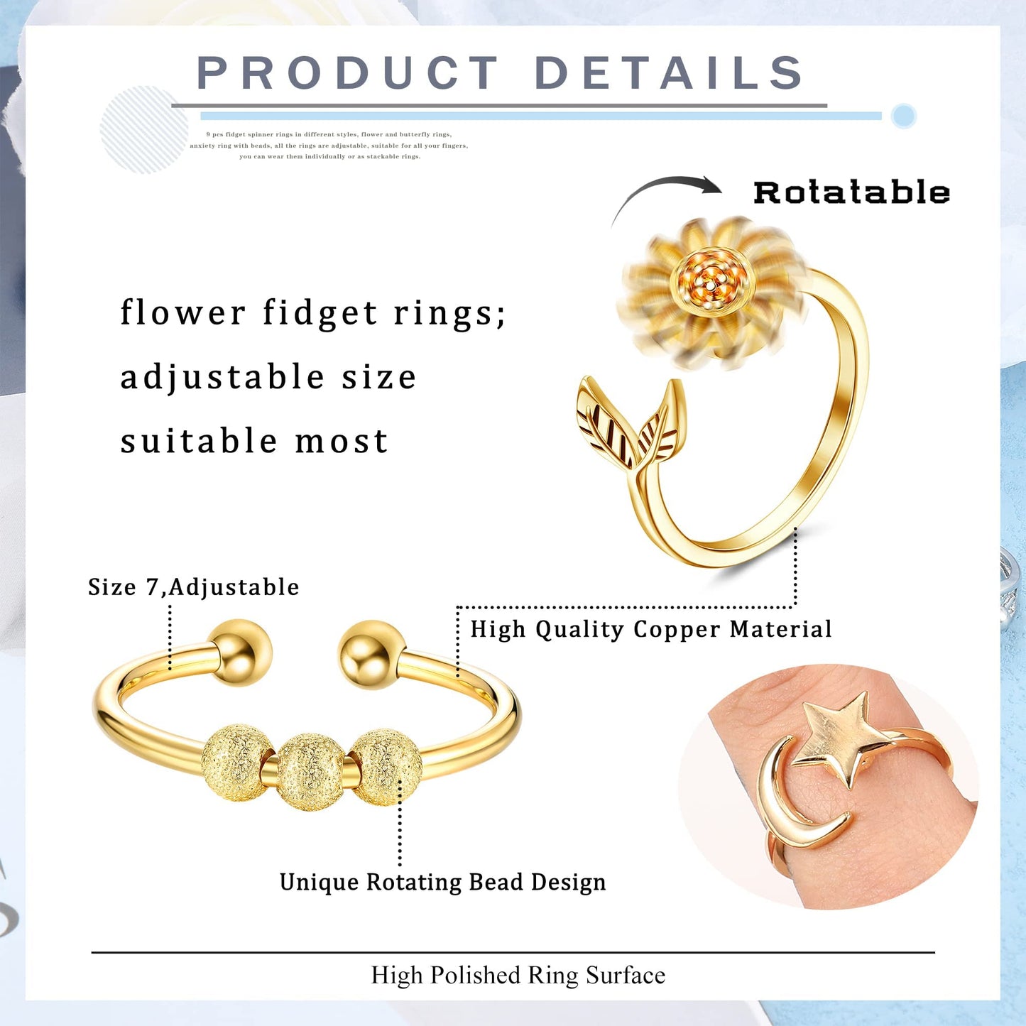 CASSIECA 9 st ångestsnurrande ringar för kvinnor fidgetring stressavlastande ringar justerbar tumring rotera pärla blomma ringar, Guld, Kubisk zirkonia