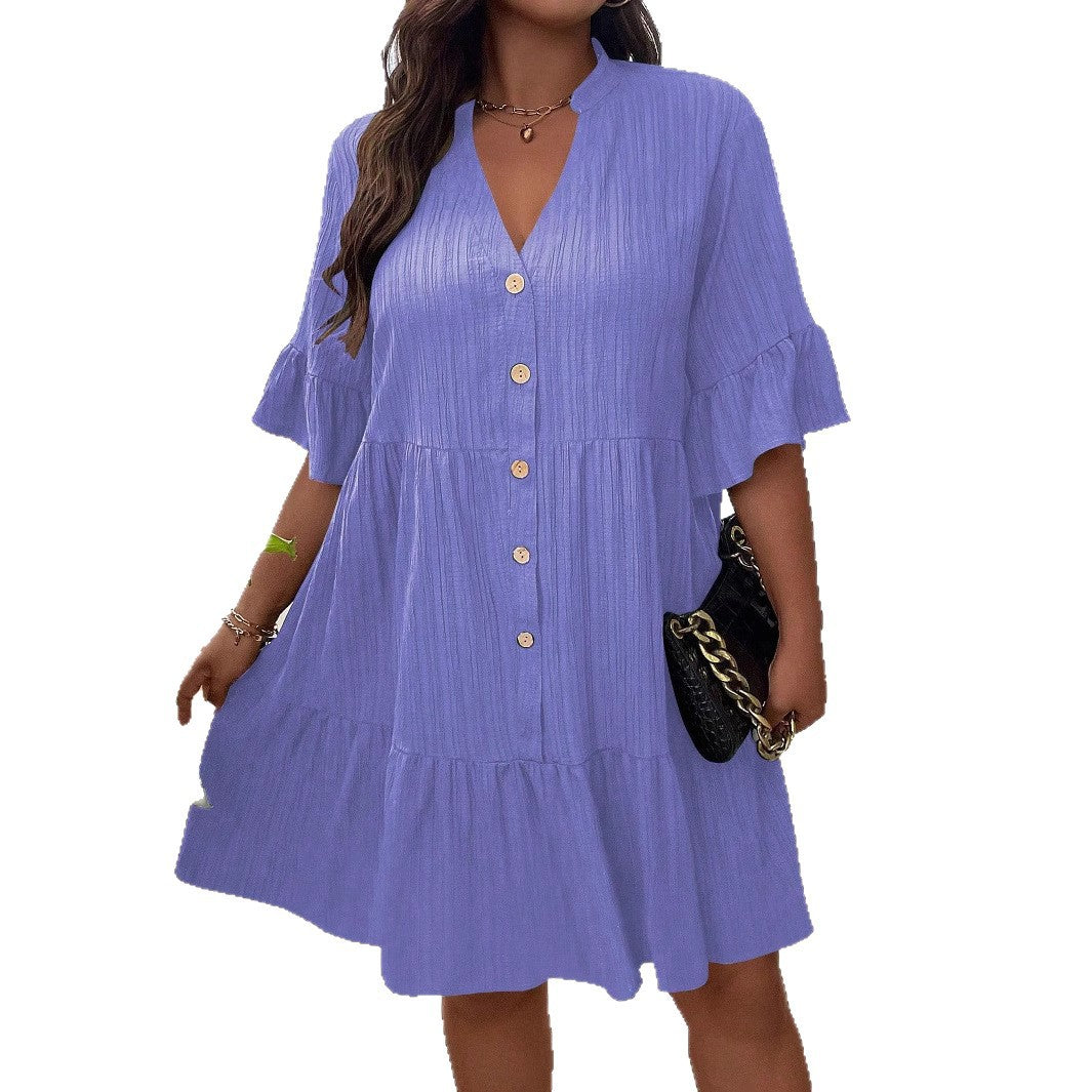 Women's V-neck Buttoned Long-Sleeve Flare-Sleeve Dress
