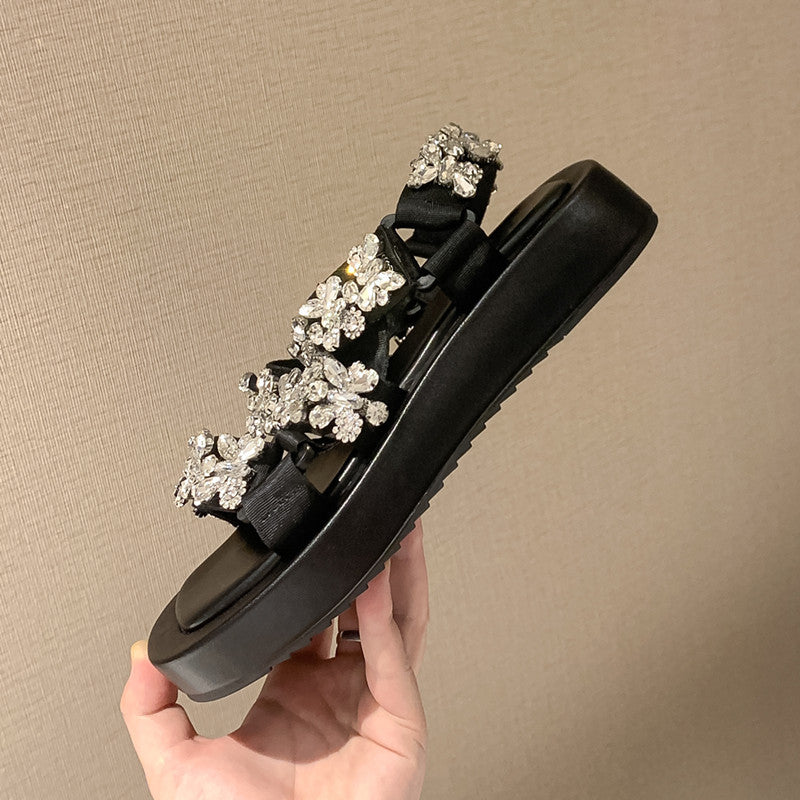 Thick Sole Muffin Heel Rhinestone Sandals