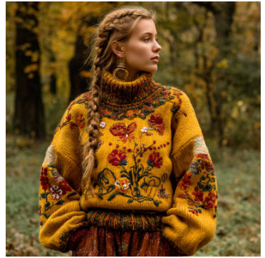 European And American Women's Printed Wear Turtleneck Sweater