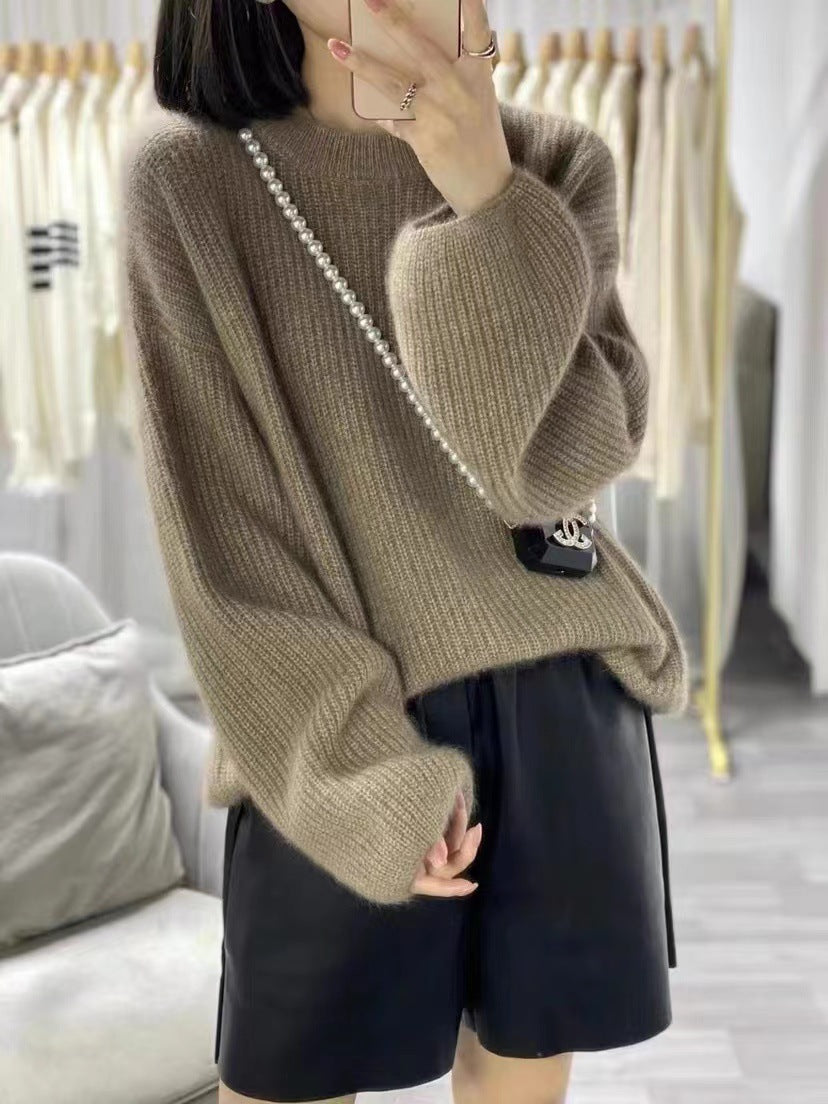 Round Neck Lantern Sleeve Knitted Sweater Lazy Style