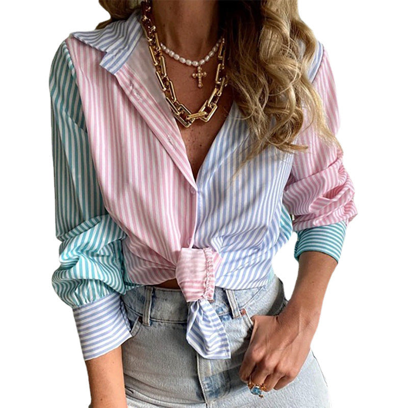 Womens Striped Printed Single-Breasted Long-Sleeve Shirt