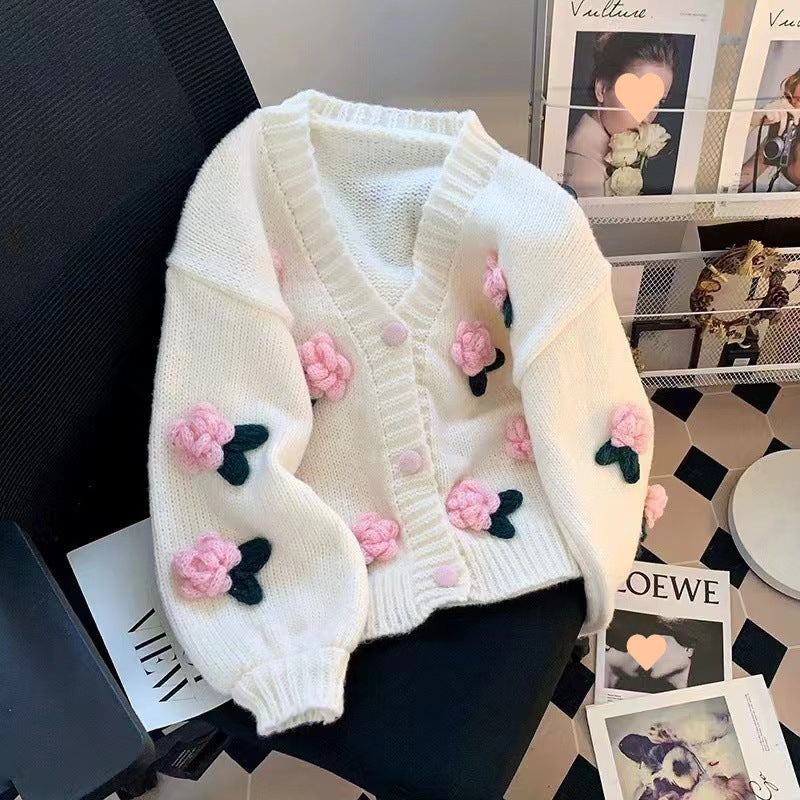 Women's Three-dimensional Flower Knitted Cardigan Loose Sweater Coat