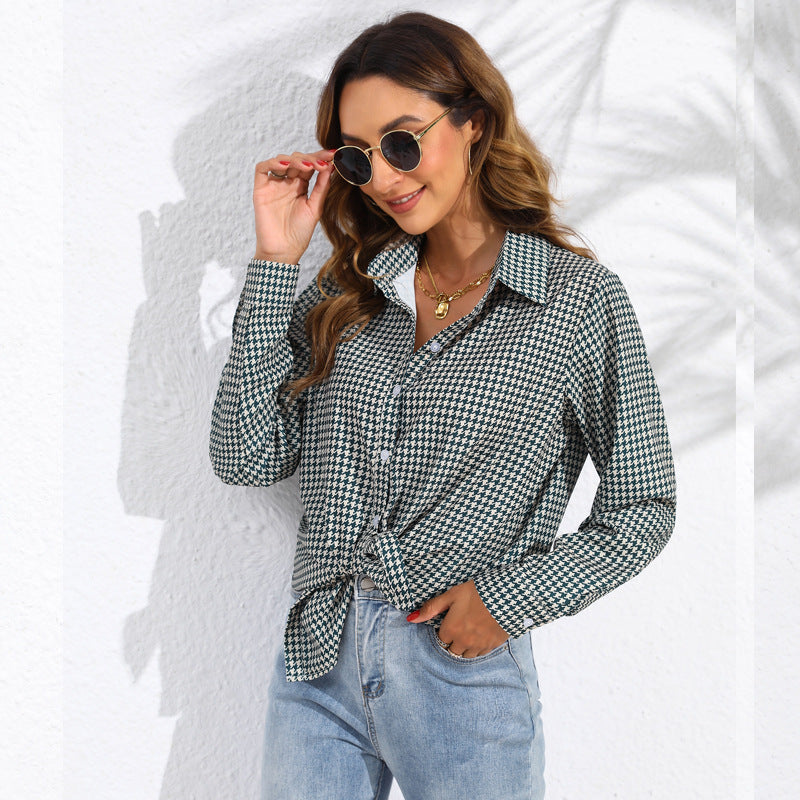 Women's Casual Long Sleeve Shirt With Lapel And Plaid Pattern