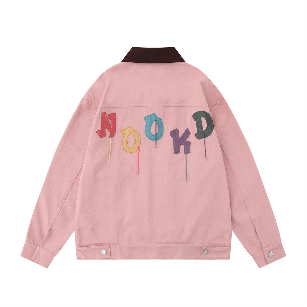 Color Letter Veneer Embroidery Contrast Color Lapel Denim Jacket