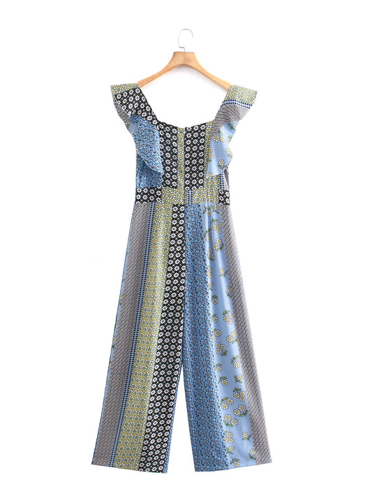 New Womens Ruffled Print One Piece Pants
