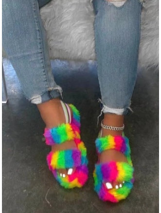 Thick Sponge Cake Colored Plush Medium Heel Warm Cotton Slippers