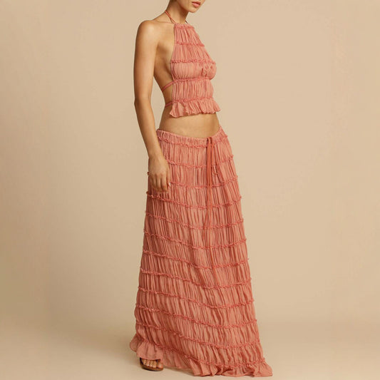 Resort-Style Halterneck Pleated Cami Top & Midi Skirt Two-Piece Set For Women