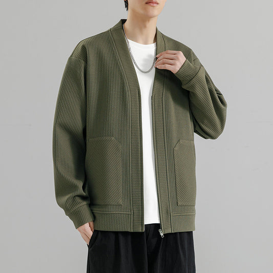 Mens Plus Size Solid Color Cardigan Zip Up Jacket