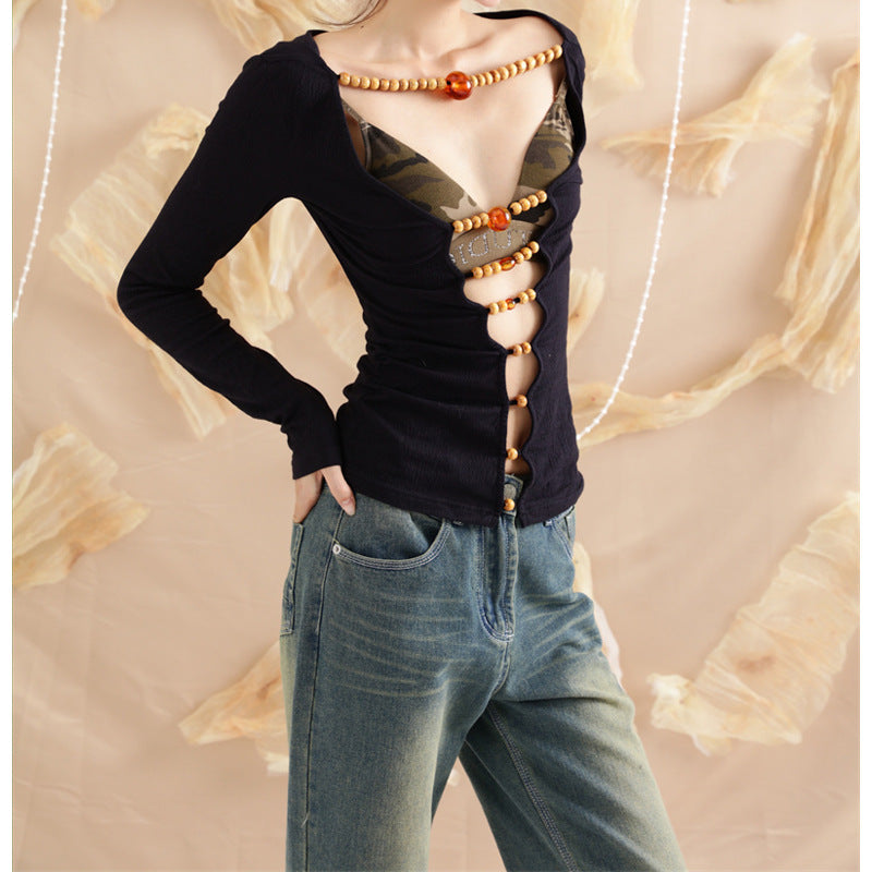 Zen Wooden Bead Deconstruction Slim-fitting Simple Top