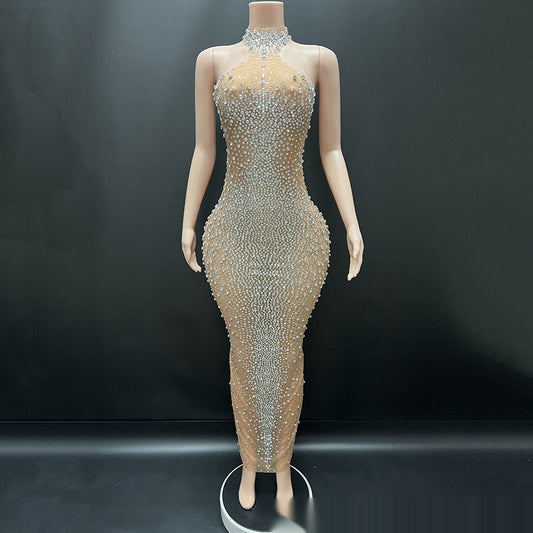 Silver Sparkling Rhinestone Dress For Socialites Birthdays