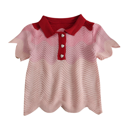 Splice Wavy Edge Short Sleeve Knitted T-shirt For Women