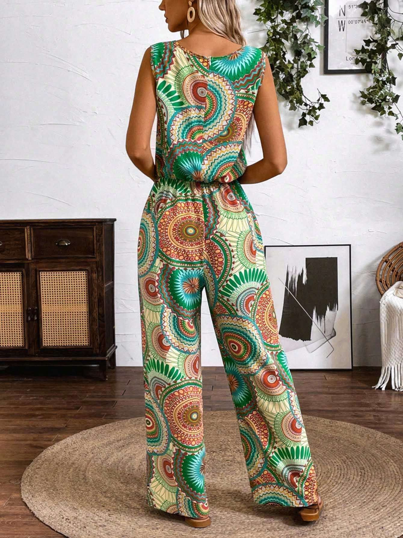 Dame jumpsuit med print, ærmeløs og lige snit
