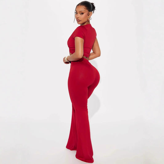Low-cut V-neck Short-sleeved T-shirt Top With Hardware Waist-length Bodycon Trousers Set