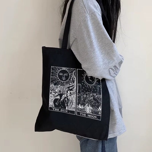 Sun Myth Canvas Shoulder Bag - Casual Hip Hop Style Women's Shopper with Vintage Cartoon Design and Large Capacity
