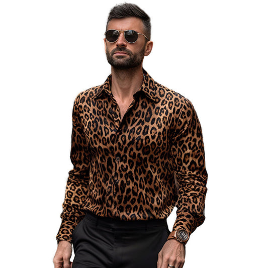 Leopard Print Vintage Print Casual Plus Size Men's Long Sleeve Shirt