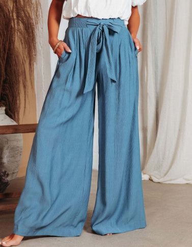 European And American Summer Pure Color Elastic Waist Lace-up Loose Wide-leg Pants