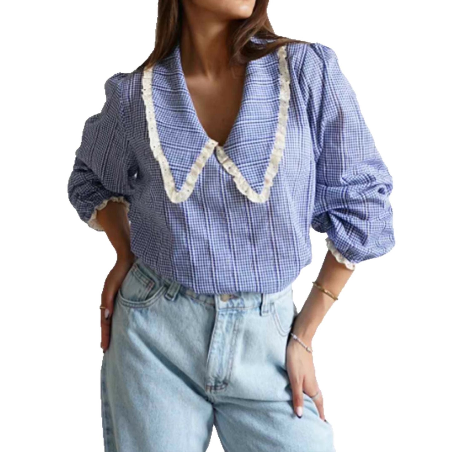 Loose Fitting Long Sleeve Shirt With Blue Plaid Lace Panels
