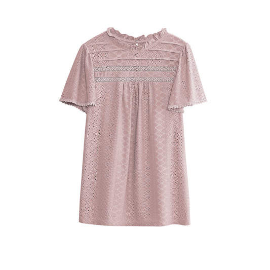 Summer Casual Solid Color Hollow Short Sleeve Round Neck Top
