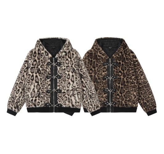 Hooded Jacket Women's Loose Thick Leopard Print Full Print Design Street Coat
