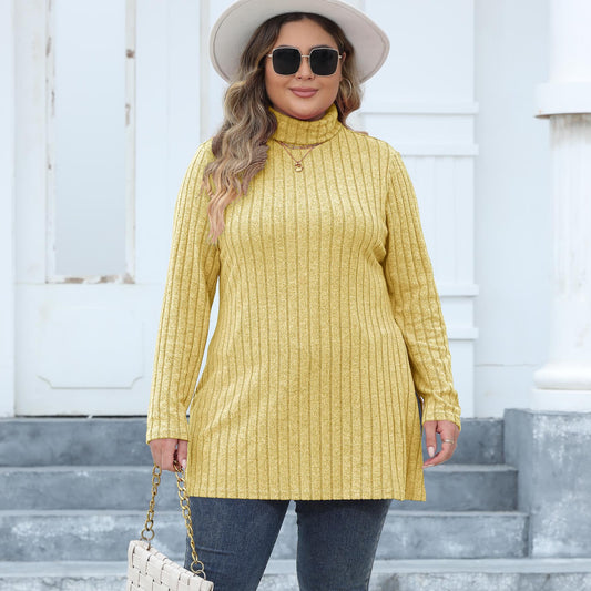 Women's Plus Size Turtleneck Slim Fit Striped Slit Mid-length Top