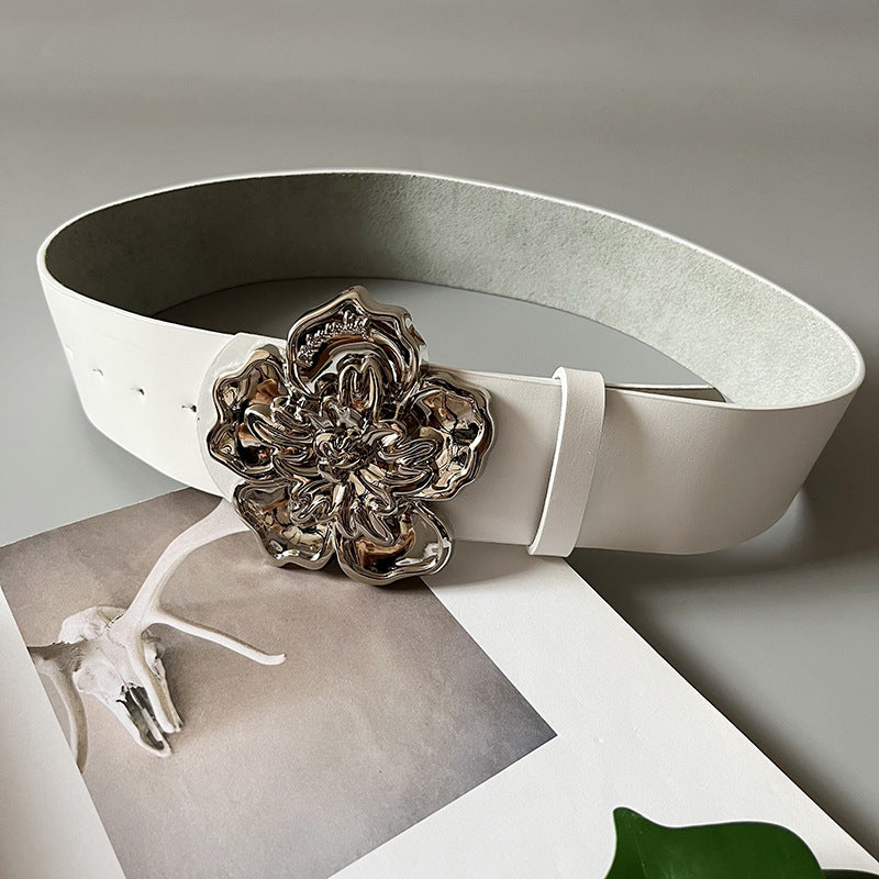 Wide Black Belt With Floral Silver Buckle