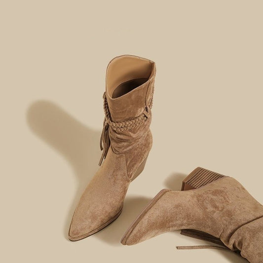 Tassel Hemp Rope Martin Boots Women Pointed Toe Chunky Heel Cowboy Boot