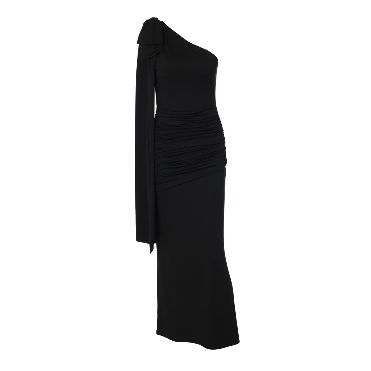 Single-shoulder Pleated Slim-fit Solid-color Dress