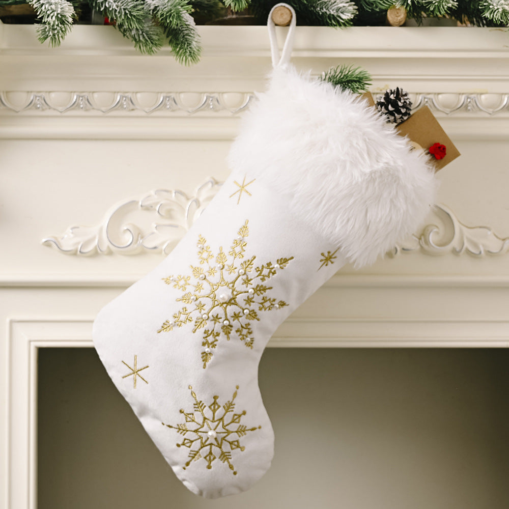 Flannel Pearl Snowflake Christmas Stocking White