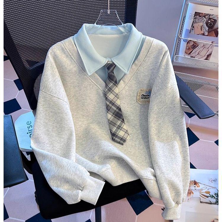 Fake Two-piece Tie Polo Collar Sweater For Women Spring And Autumn New Loose-fitting Non-hoodie