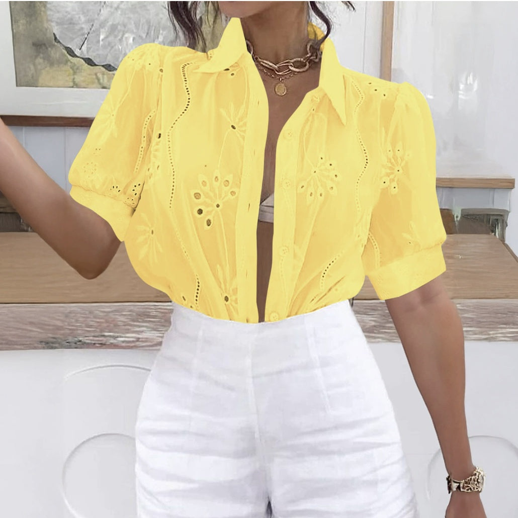 Women's Single-breasted Solid Color Embroidered Long-sleeved Lapel Shirt