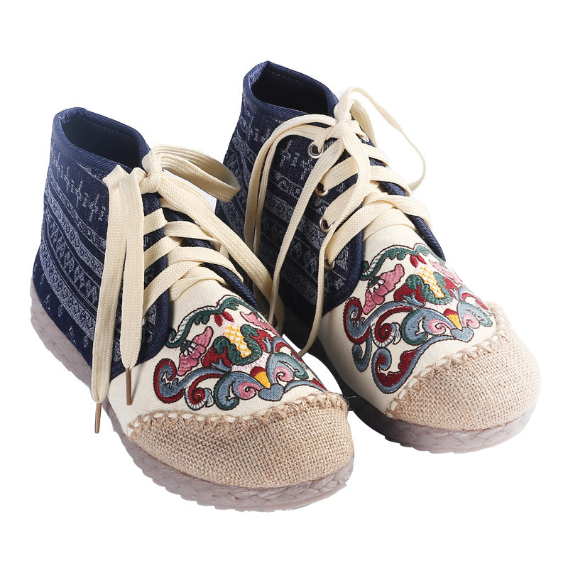 Ethnic Style Embroidered Shoes Lace-up Flat-heel Women's Shoes