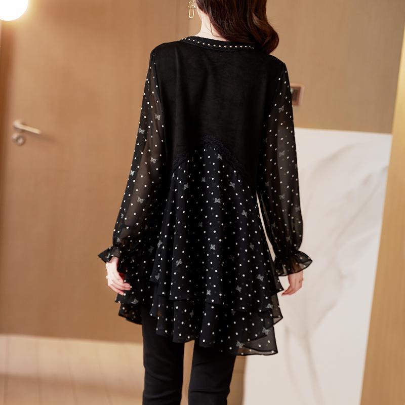Womens Mid-Length Polka-Dot Chiffon Floral Casual Top