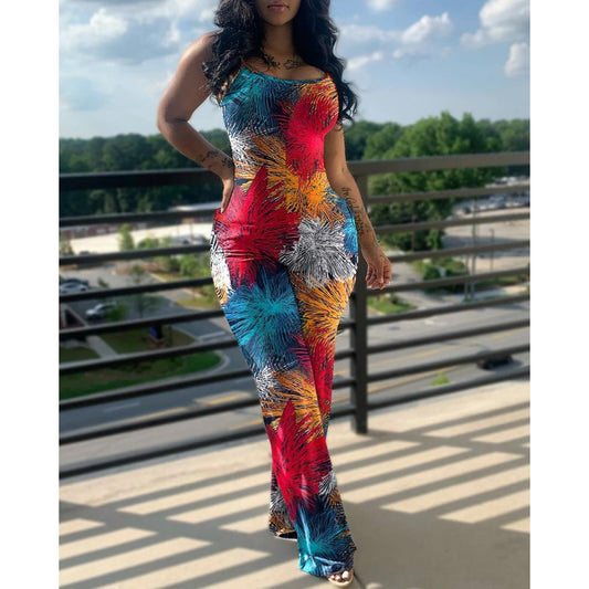 Women's Fashion Print Suspenders Wide Leg Casual Jumpsuit