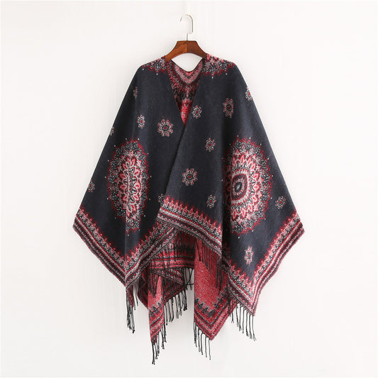 Geometric double-sided printed tassel split cloak