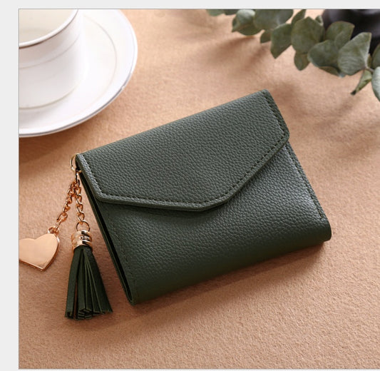 Women's short Korean version of the bag Tassel pendant lychee wallet multi-card position Clutch bag