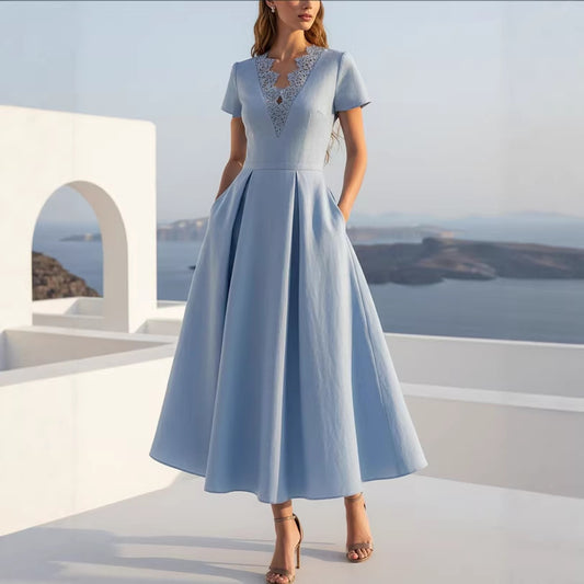 Womens French-Style V-Neck Lace-Waisted Short-Sleeve Dress