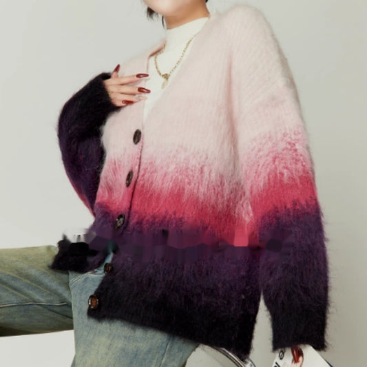 Casual V-neck Gradient Mohair Knitted Top