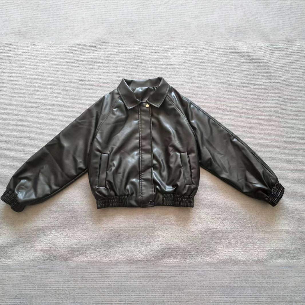 Zipper And Lapel Long Sleeve Loose All-matching Fleece-lined Cropped Leather Coat