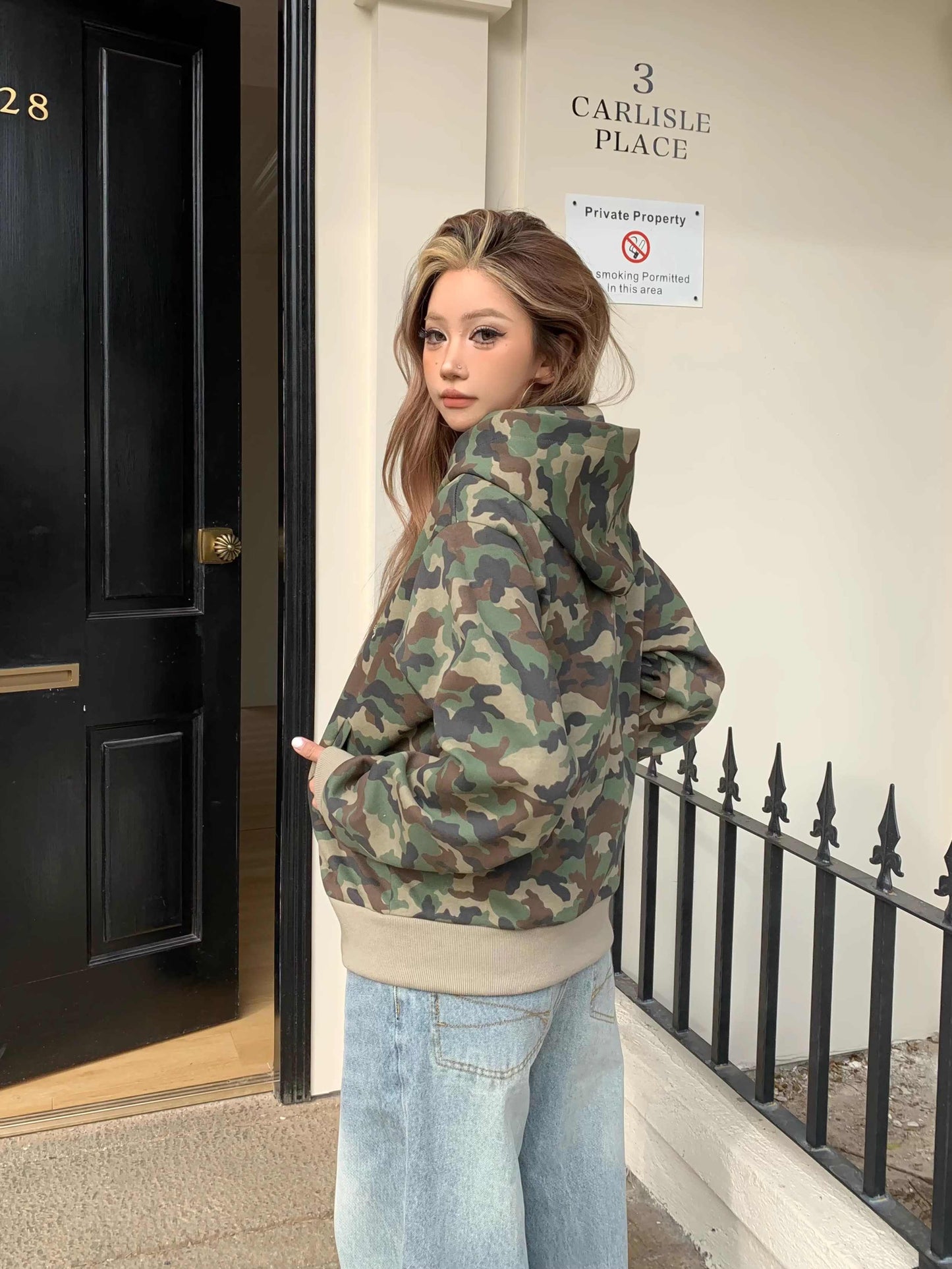 Women's Cardigan Retro Alphabet Camouflage Hooded Short Sweater Jacket