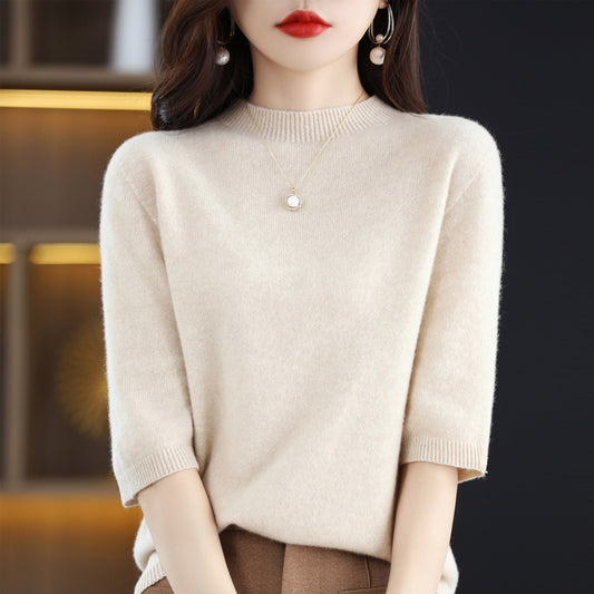 Pure Wool Women's Half Turtleneck Short Pullover Base Knitwear Three-quarter Sleeve Sweater