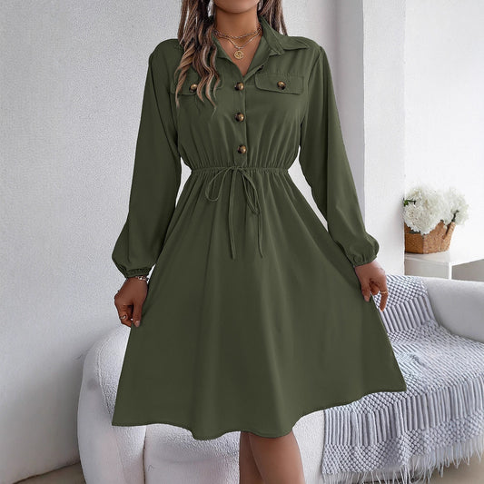 Womens Casual Buttoned Lace-Up Waist-Cinching Long-Sleeve Dress