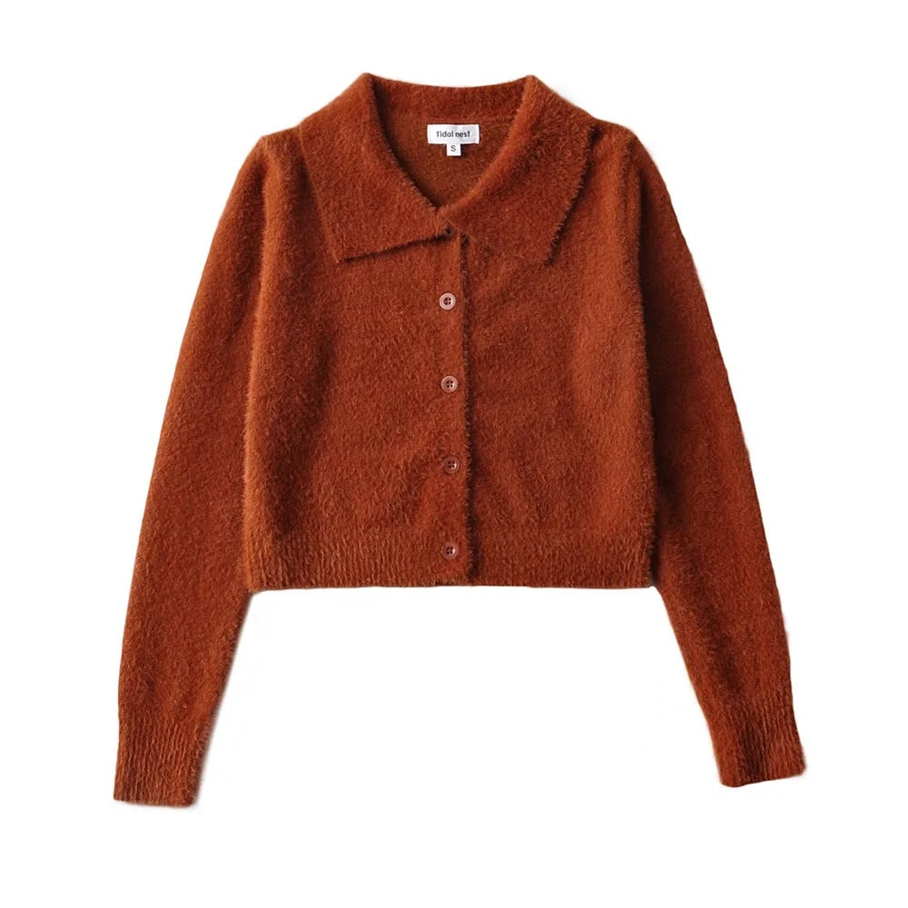 New Lapel Clean Single Breasted Long Sleeve Knit Cardigan Jacket