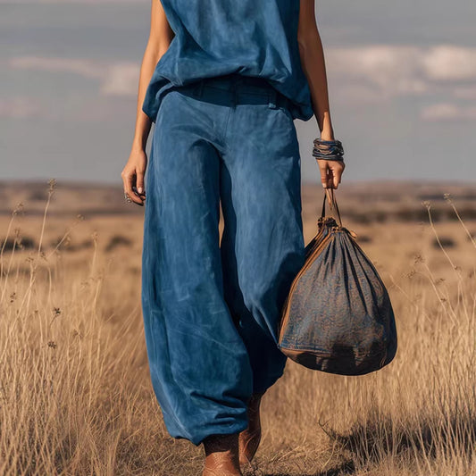 Western-style Sleeveless Wide-leg Cropped Suede Velvet Suit