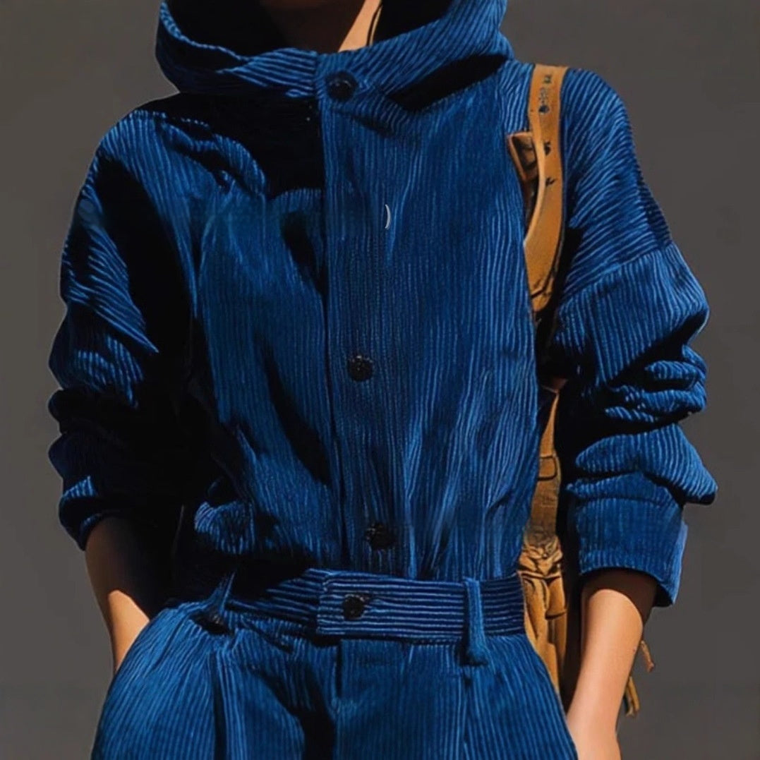 Blue Corduroy Hooded Top And Wide-leg Pants Set