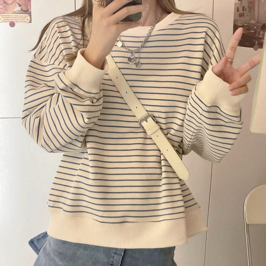 Koreansk Stil Løst Design Stribet Top Rund Hals