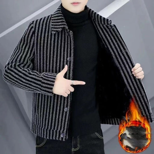 Men's Fleece-lined Thick Stripes Woolen Coat